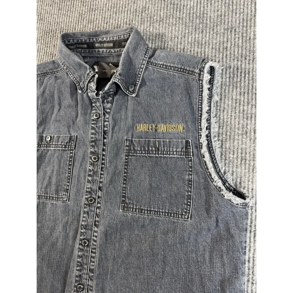 Harley-Davidson Sleeveless‎ Denim Vest Black Button-Up Embroidered Men's Large